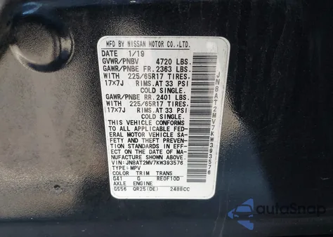 2019 Nissan Rogue Sv z USA, uszkodzony, nr VIN JN8AT2MV7KW393576